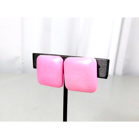Pink Oversized Square Button Style Pierced Earrings Pushback Closure - Picture 4 of 7